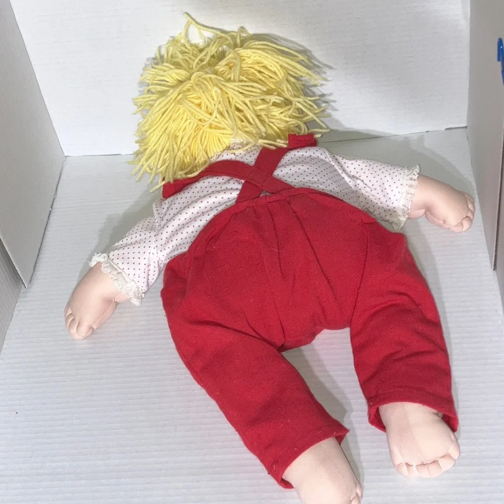 Vintage Homemade Doll with Yellow‎ Yarn Hair Red Overalls Fabric Body 19”